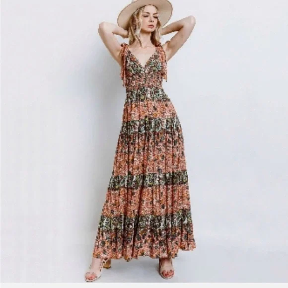 Free People Let’s Smock About It Boho Tiered Mixed Print Maxi Dress Size Small - Picture 13 of 14